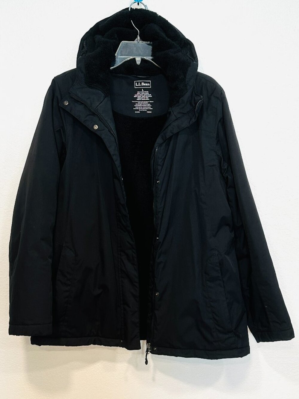 L.L.Bean Winter Warmer Jacket Black Plush Fleece Lined Hooded Coat Womens Large